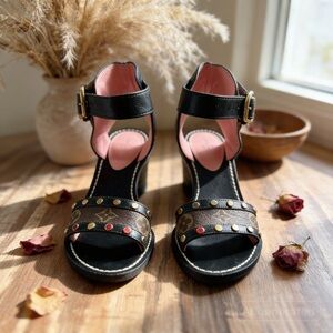 Louis Vuitton Black and Pink Monogram Studded Ankle-Strap Heels